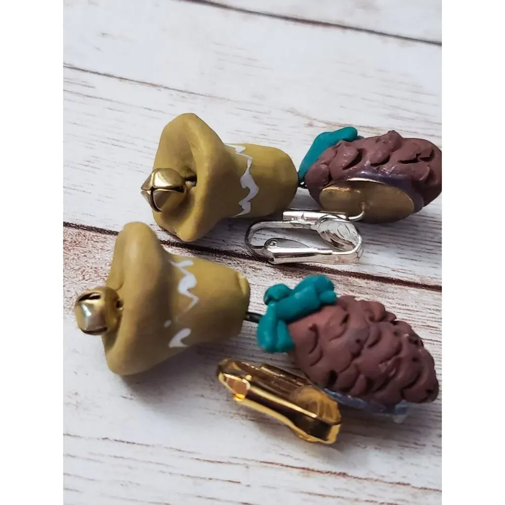 Vintage Clip On Earrings - Very Unusual Bell Dangle Green & Brown